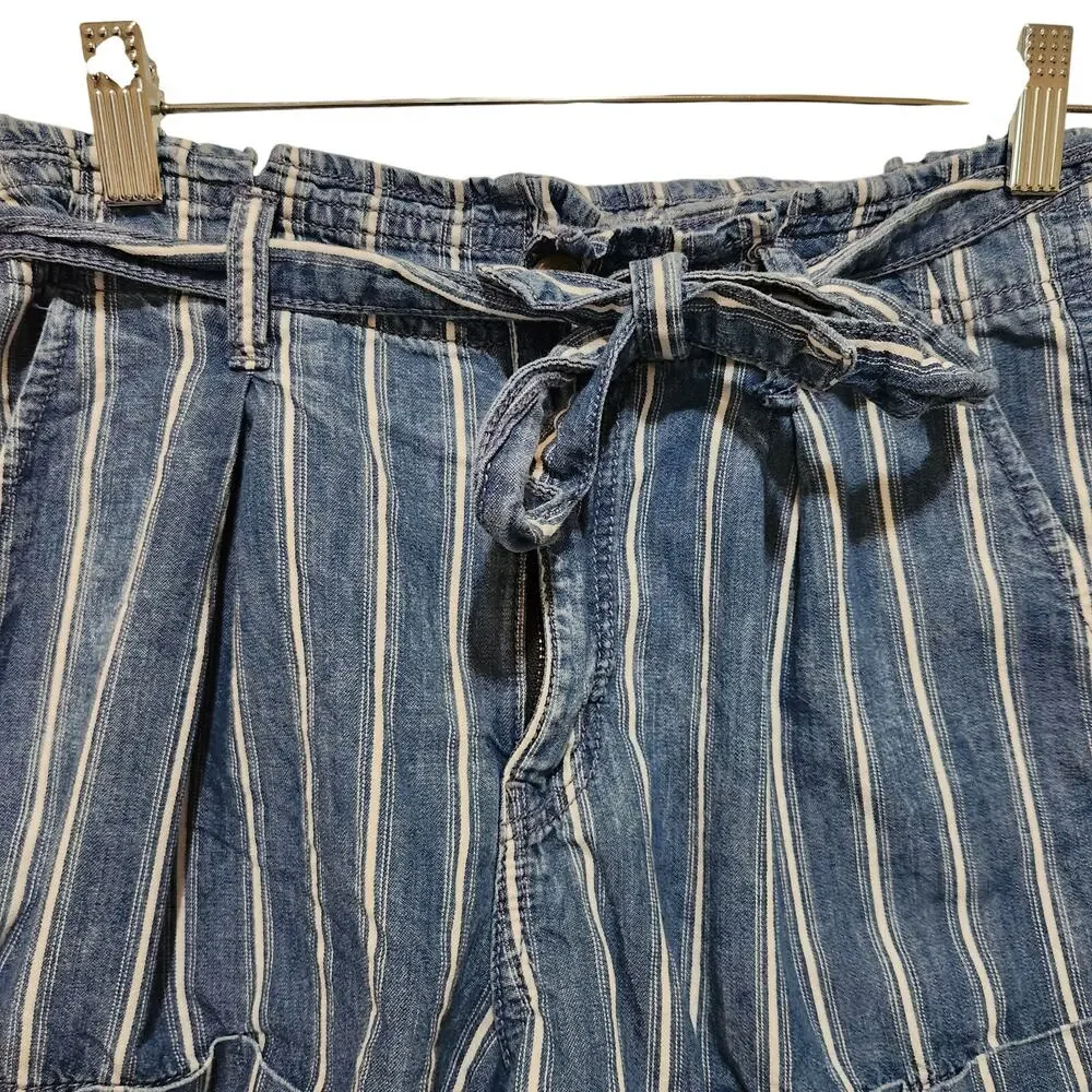 American Eagle Blue Striped Denim Belted Pleated Cotton Paperbag Shorts Size 4